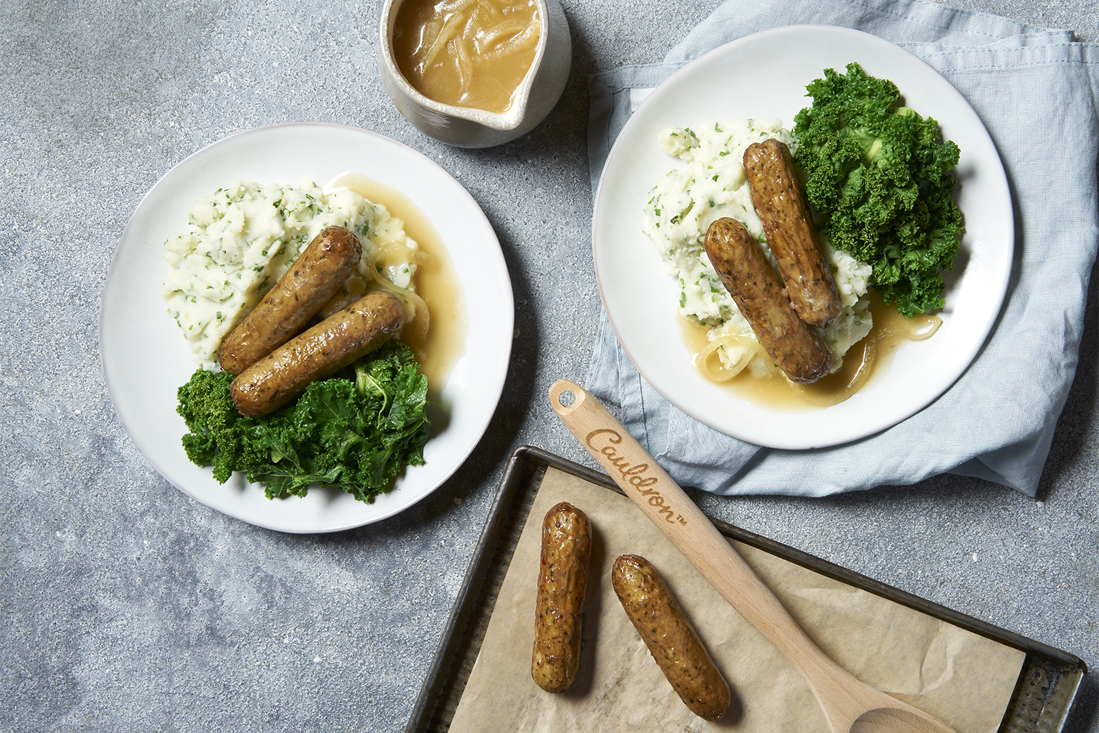 Bangers & Garlic Herb Mash with Onion Gravy Cauldron Foods