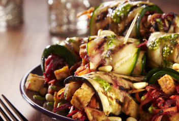 Chargrilled Vegetable Paupiette with Marinated Tofu, Beetroot & Pistou