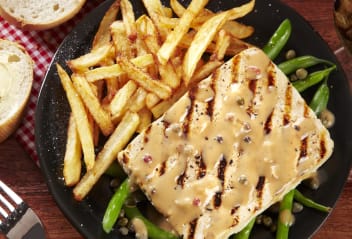 Tofu Minute Steak with Peppercorn Sauce & Pommes Frites