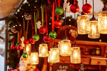 Christmas lights at a stall on a Christmas market