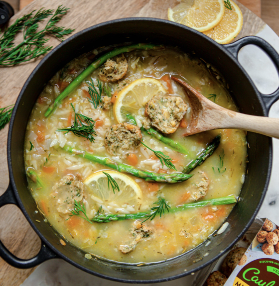 Lemon & Asparagus Orzo Soup with Middle Eastern Falafels Cauldron Foods
