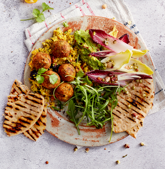 Falafels with Turmeric Couscous and Flatbreads Cauldron Foods