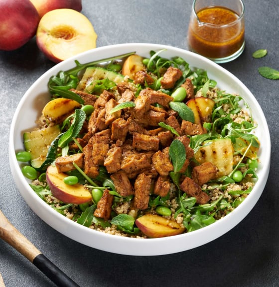 Vegan Griddled Peach, Courgette and Teriyaki Tofu Salad Cauldron Foods