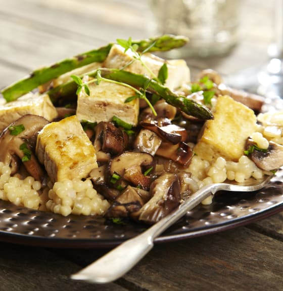 Truffle-Infused Tofu with Jerusalem Couscous & Mushroom Ragu