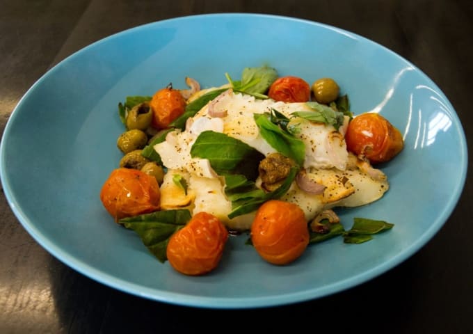 Baked cod with tomato recipe, created by Chris Hale exclusively for IconInc.