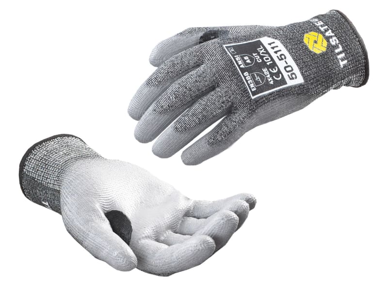 50-5111 Medium weight cut resistant PU palm coated glove with thumb reinforcement